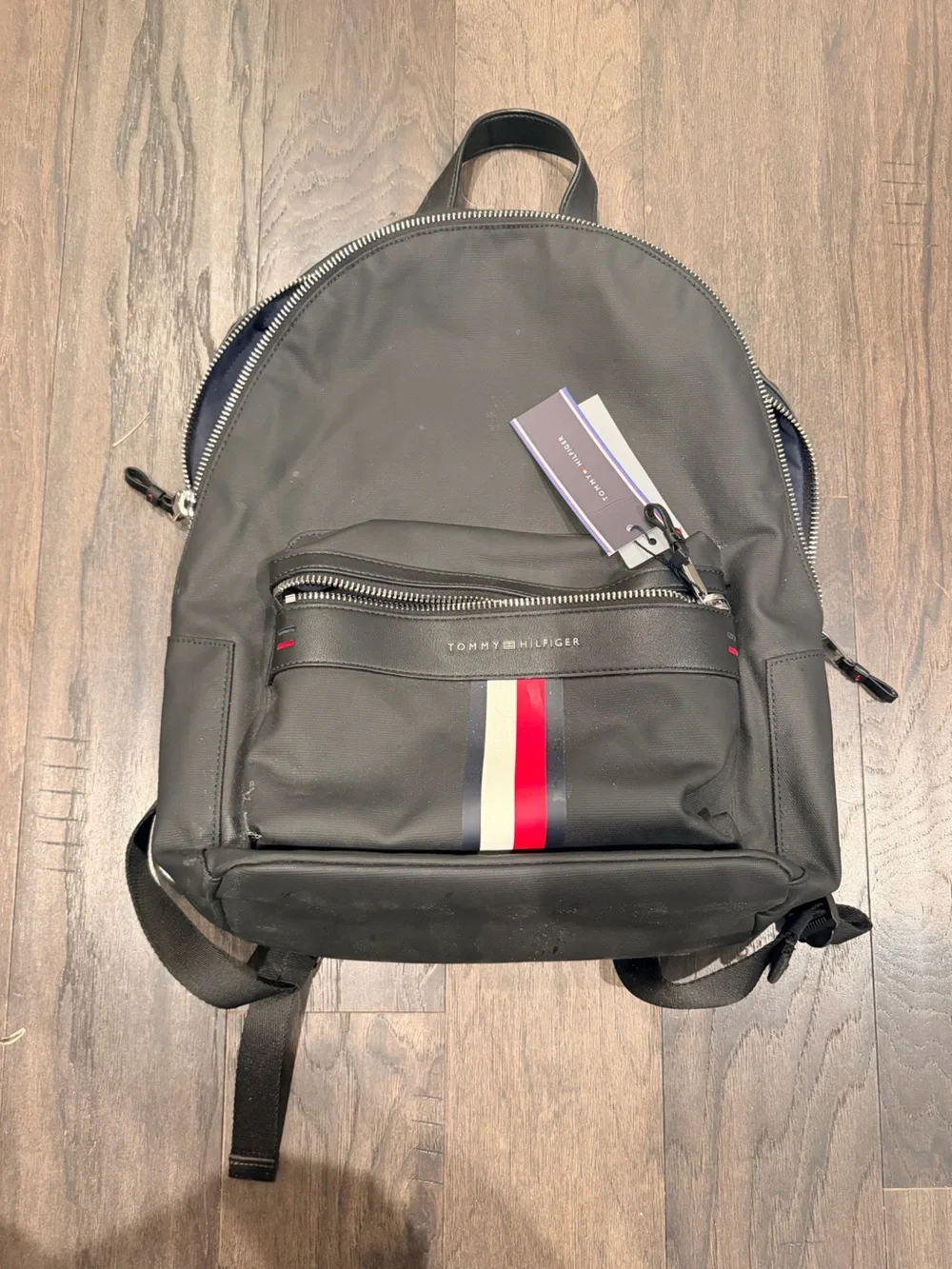 Tommy Hilfiger Black Backpack with Red-White-Navy Signature Stripe